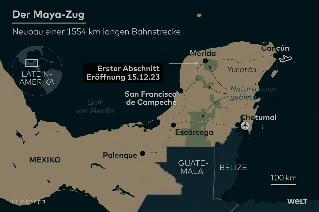 Karte der Yucatán-Halbinsel mit eingezeichneter Maya-Zug-Strecke und Städten wie Cancún, Mérida und Chetumal